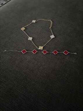 Gold and White Clover Necklace with Red Clover Bracelet Set